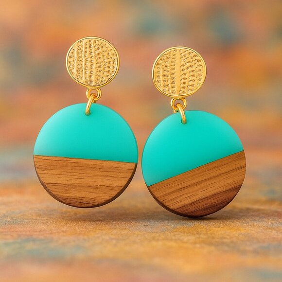 Boho Chic Turquoise Resin And Wood Drop Earrings Casual Elegant Trendy Design - Picture 12 of 12